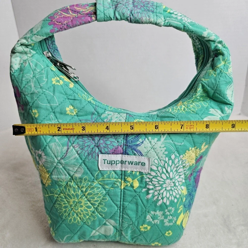 Tupperware Lunch Bag Zipper Hobo Style Green Floral Vintage Quilted